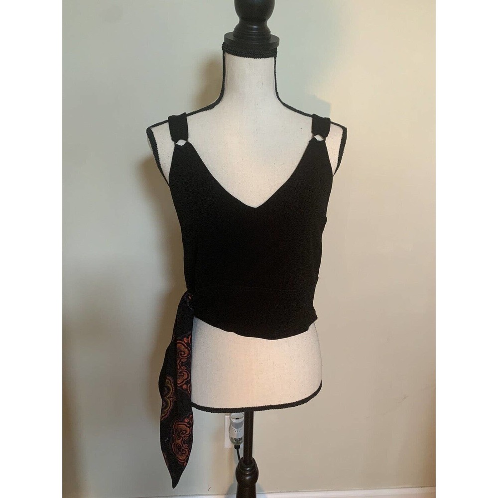 Free People M Paisley Pop Cropped Top Black Sleeveless Side Tie Vneck Tank New - Picture 5 of 14